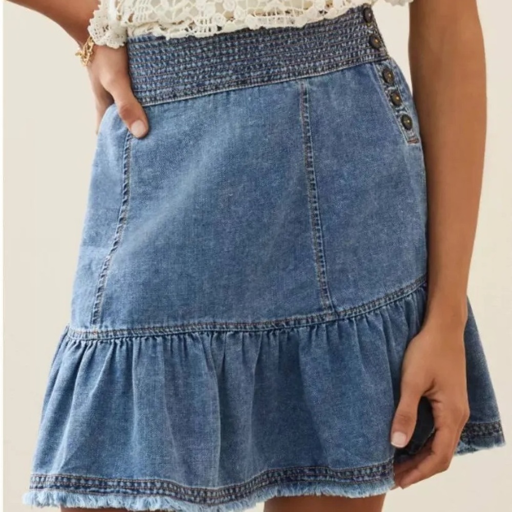 Anthropologie Blue Denim Ruffle-Hem Smocked Mini Skirt